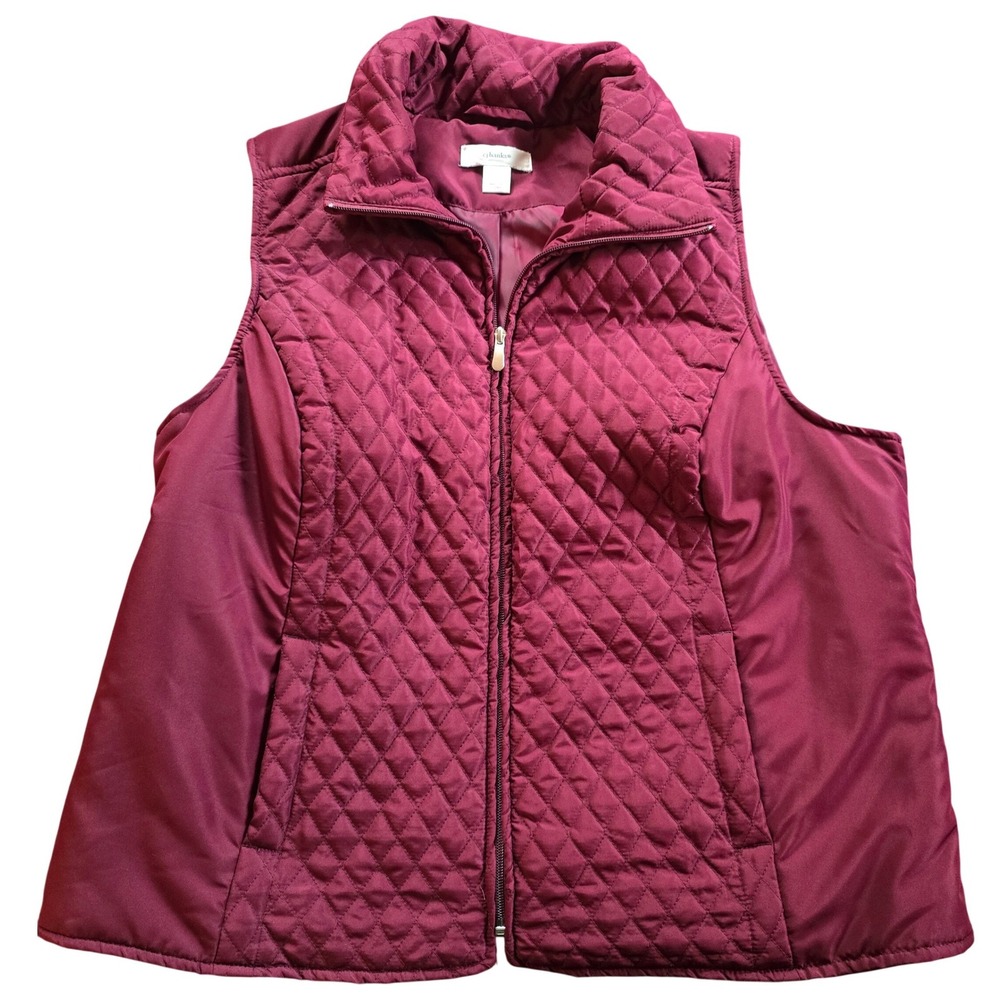 CJ Banks Women's Vest 1X Maroon Red with pockets Slimming Gathered Quilted Zip